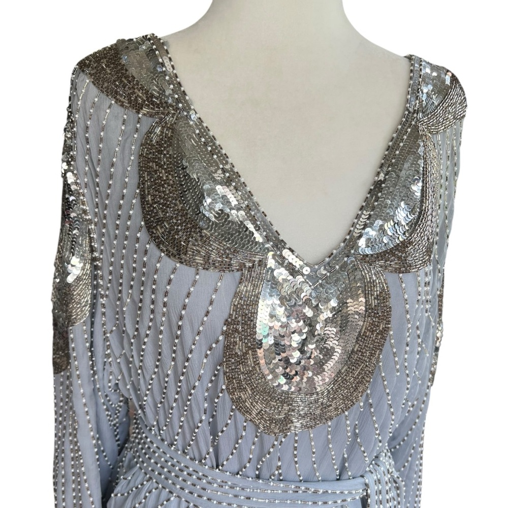 Vintage 🩶 SHO MAX - 3X Silver Silk Beaded Dress India Sequin Caftan Evening Gown - Picture 5 of 14